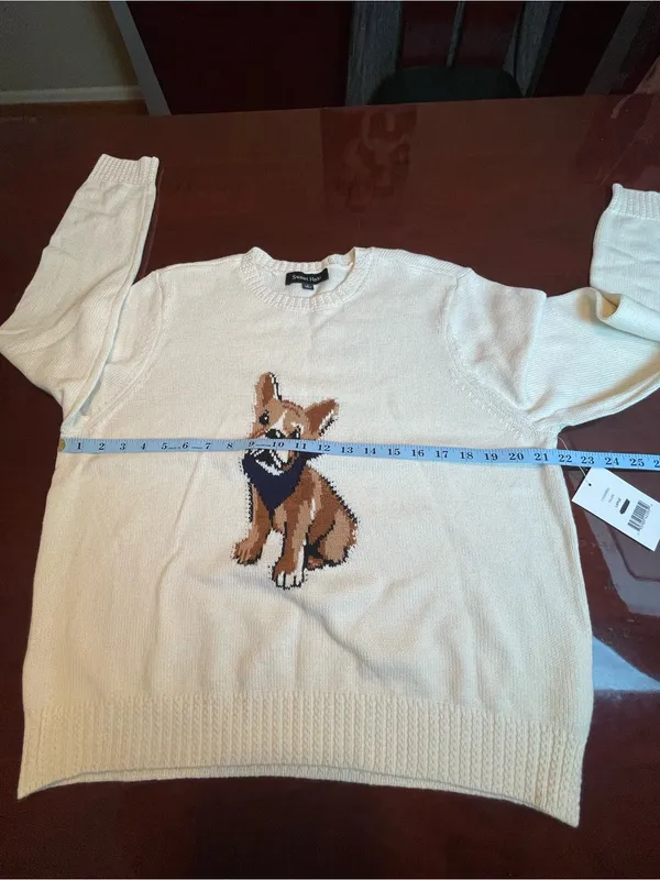 Sweet Halo French Bulldog Graphic Knit Cotton Sweater Cream Cute Dog Sz L - Image 7