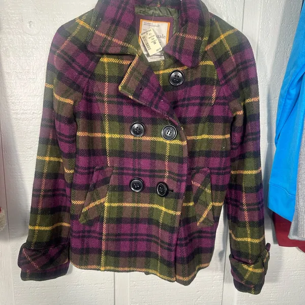 Aeropostale Y2K Plaid Wool Pea Coat Size Small EUC - Image 2