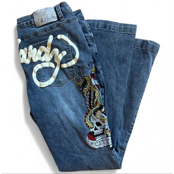 Womens Ed Hardy Denim Brave Heart True Eagle Embroidered Wide Leg Jeans - Sz 32 - Image 4