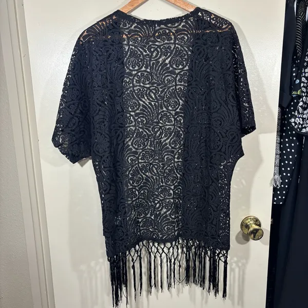 Vanity Y2K Black Lace Cover-Up Kimono with Fringe Size L - Image 5