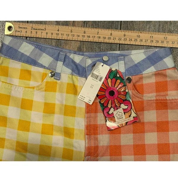Farm Rio Anthropologie Gingham Colorblock Denim Shorts Yellow Orange Blue XS NWT - Image 6