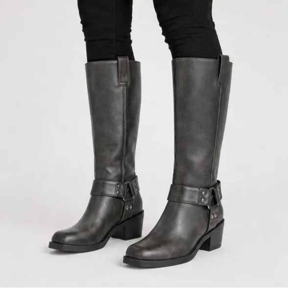 Time and Tru Womens Boots 7.5 Brown Knee Faux Leather High Harness Moto Riding - Image 7