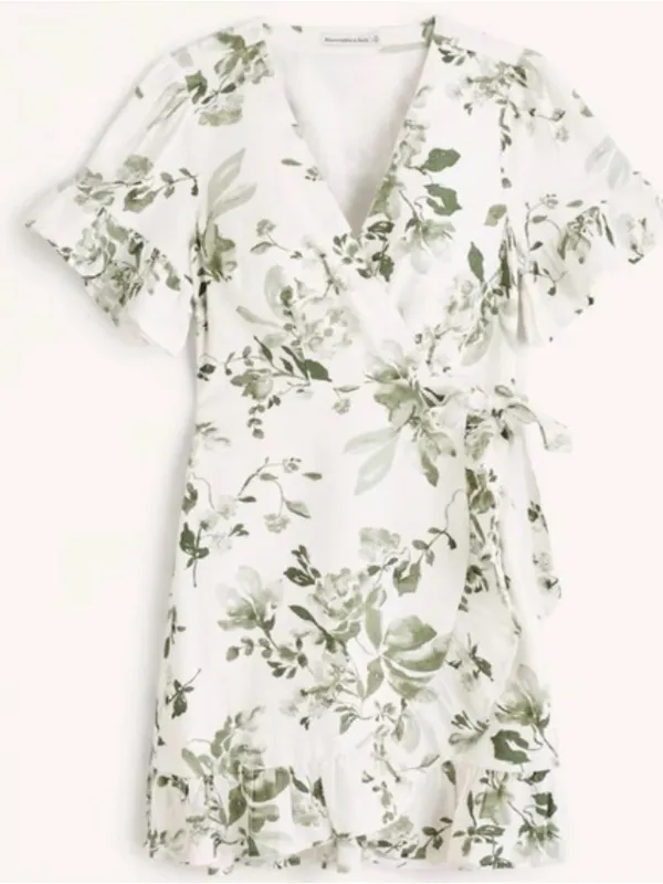 Abercrombie & Fitch Green Floral Wrap Mini Dress Ruffle Hem XXS - Image 10