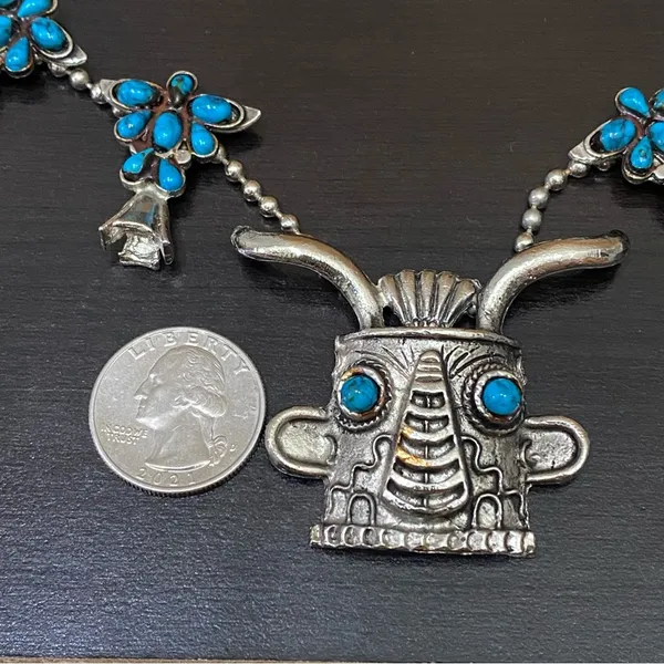 Vintage Kachina Mask Faux Turquoise Southwestern Style Squash Blossom Necklace - Image 9