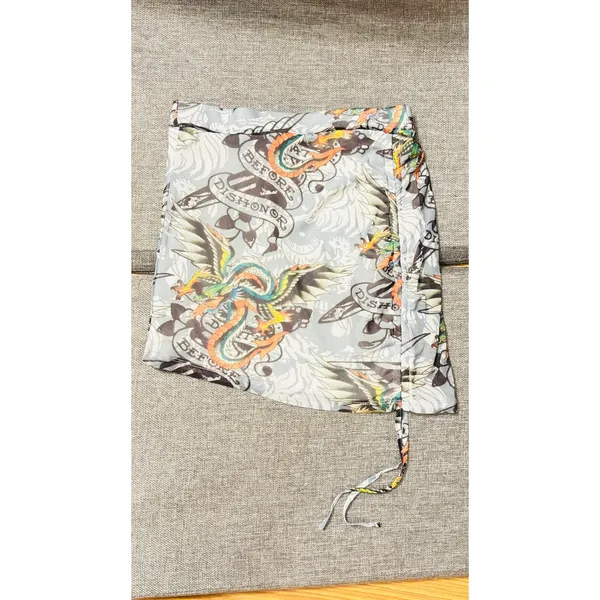 Ed Hardy Tattoo print side tie White mesh dragon paisley mini short skirt sz Med - Image 2