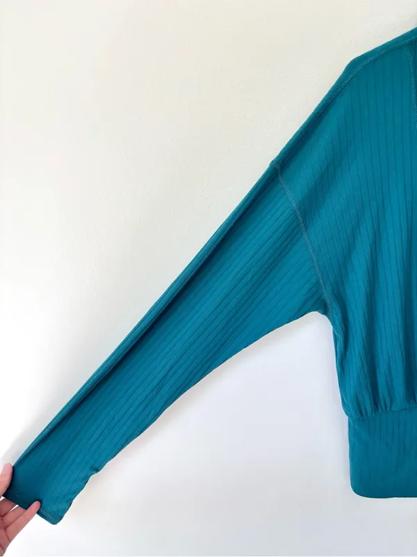 Free People Movement Teal Ribbed Long Sleeve Lightweight Hoodie Fitted Waist - Image 5