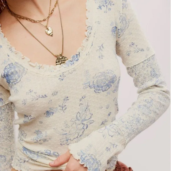 Free People We The Free Clover Thermal Size Small Ivory Blue NWT 100% Cotton - Image 2