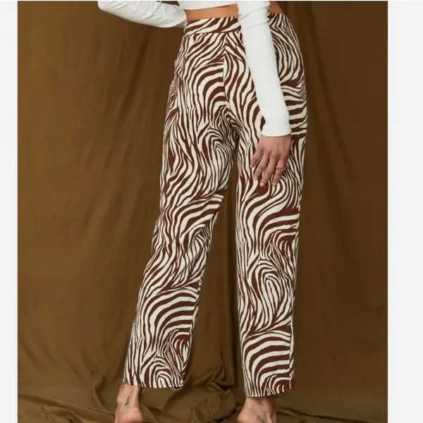 12th Tribe Mid Rise Straight Leg Ankle Trousers Pants Cream Brown Zebra Size S - Image 2