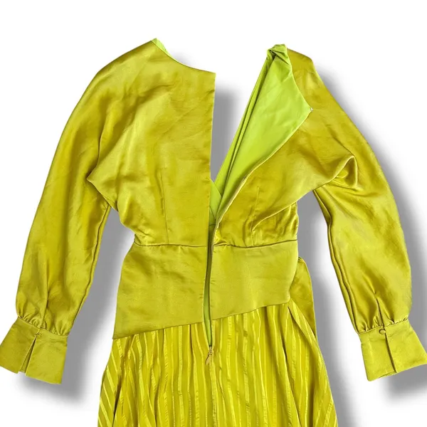 Chartreuse Pleated Wrap Dress Long Sleeve Asym Hem Midi Yellow Women‎ - Image 9