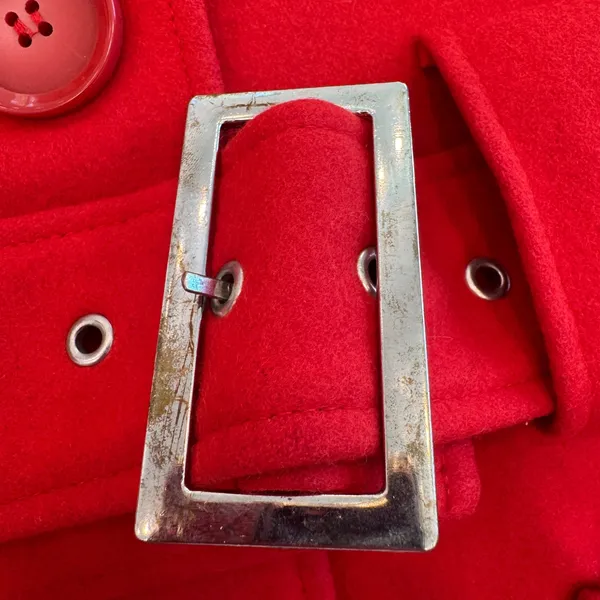 Red Wool Blend‎ Belted Peacoat Jacket with Wide Collar and Oversized Buttons S - Image 8