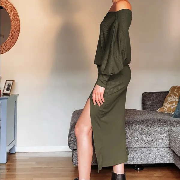Lulus City Street Chic Olive Green Off-the-Shoulder Midi Dress size XS - Image 2