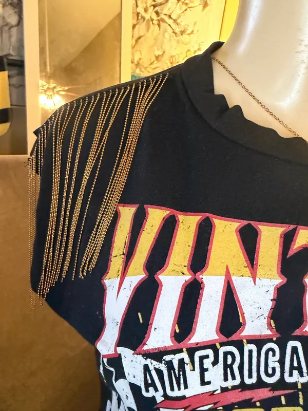 Vintage Racing Club Graphic T-Shirt Dress Fringed Shoulder Size L - Image 5