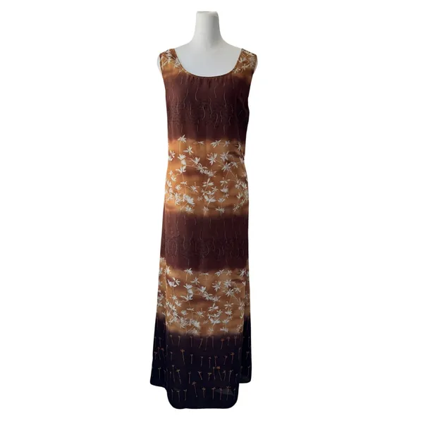 Vintage ‘90s Apostrophe Brown & Tan Floral Scoop Neck Sleeveless Maxi Dress - Image 3
