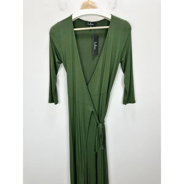 Lulus Garden District Olive Green Wrap Maxi Dress Stretch Jersey Knit Small NWT - Image 7