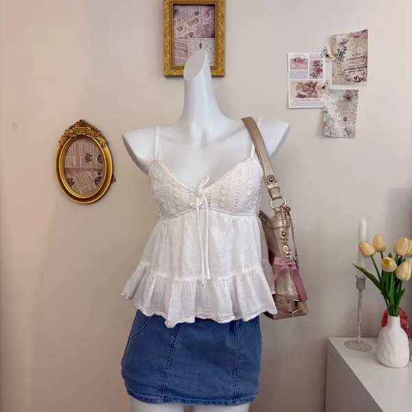 aeropostale white crochet eyelet lace babydoll cami top size s tiered ruffle hem - Image 2