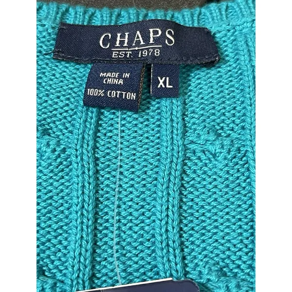 Chaps Cable Knit V-Neck Sweater XL Teal 100% Cotton Preppy Old Money NWT - Image 8