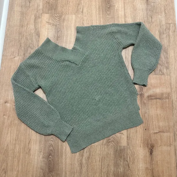 PINK ROSE | Sage Green V Neck‎ Textured Knit Long Sleeve Off Shoulder Sweater, S - Image 2