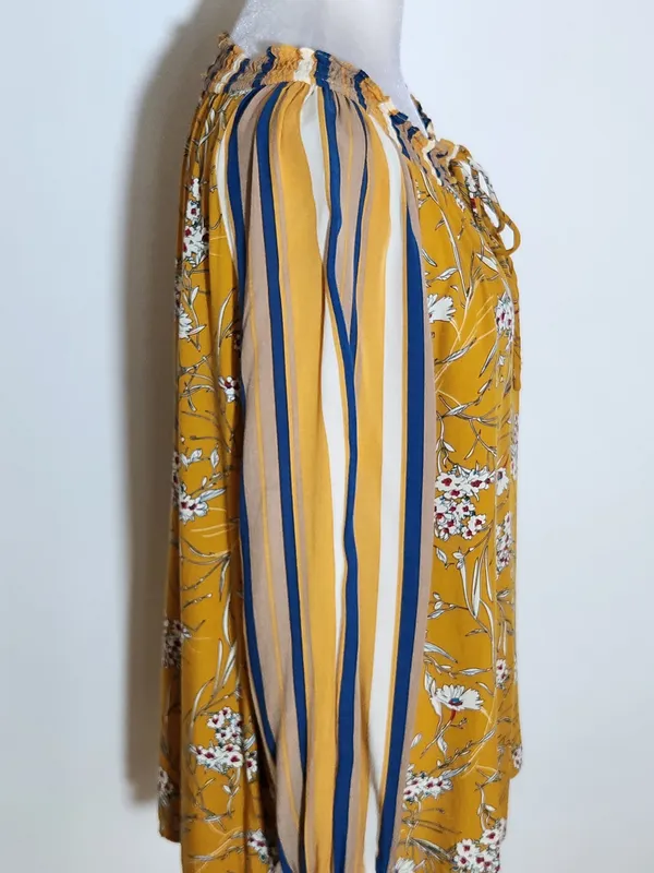 Gigio Mustard Yellow Boho Peasant Blouse Floral and Stripe Print Size Large - Image 4