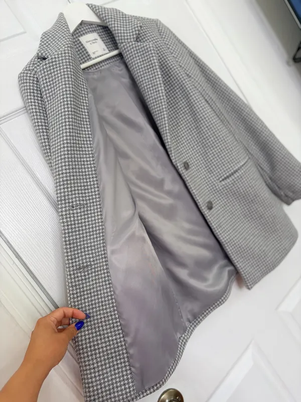 Abercrombie & Fitch Houndstooth Blazer Coat XS Classic Preppy Old Money Gray - Image 7