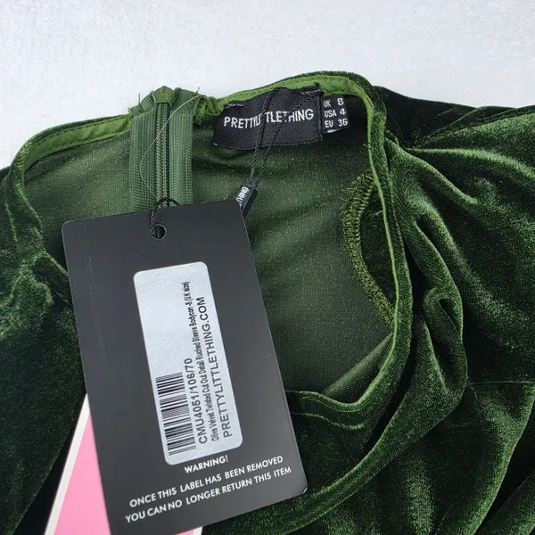 PrettyLittleThing NWT Olive Velvet Twisted Cut Out Ruched Bodycon Dress Size 4 - Image 3