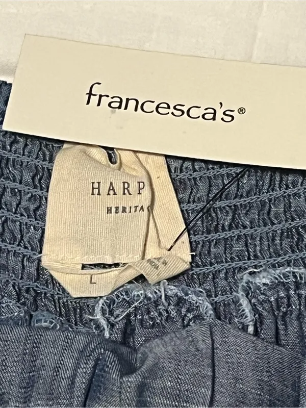 Harper Heritage Francesca’s Blue Embroidered Ruffle Denim Top - Size L - NWT - Image 4