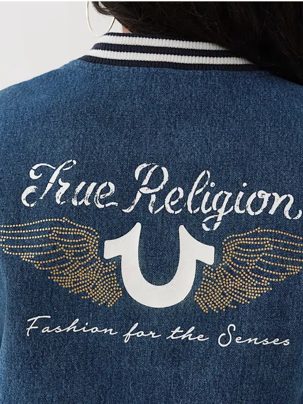 NWT True Religion $239 crystal wing denim varsity jacket Large Blue White Small - Image 4