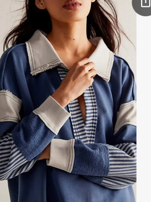 Free People x We The Free Clean Prep Polo Pullover Sweater Top Blue White Medium - Image 8