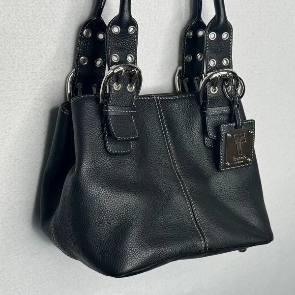 Tignanello Black Genuine Leather Satchel Handbag Buckle Top Handle Y2K - Image 10