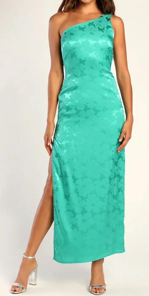 Lulu’s Chasing Desire Teal Green Satin Jacquard One-Shoulder Maxi Dress - Image 2
