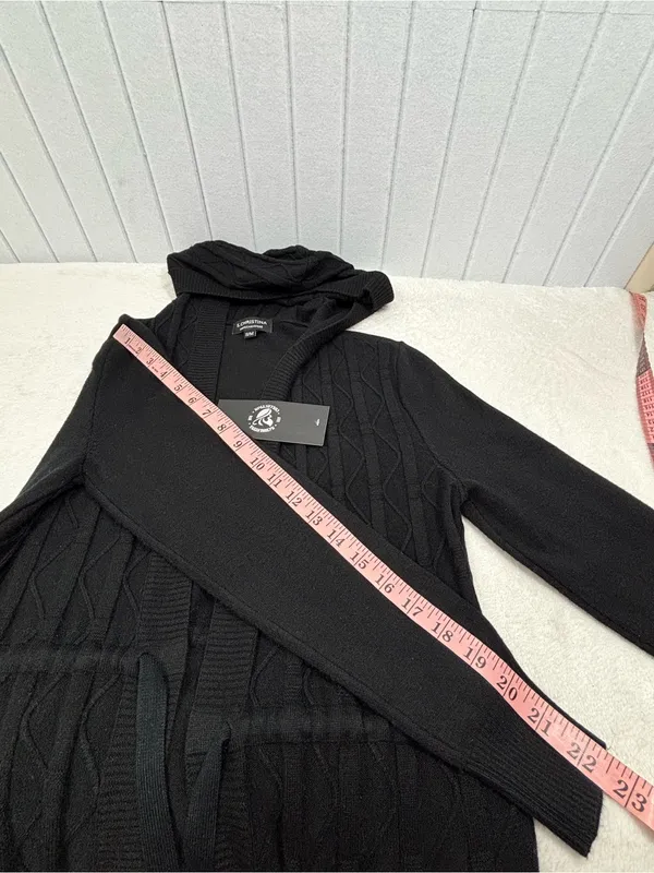 S. Christina Cashmere Black Hooded Open Front Cardigan Sweater S/M - Image 10
