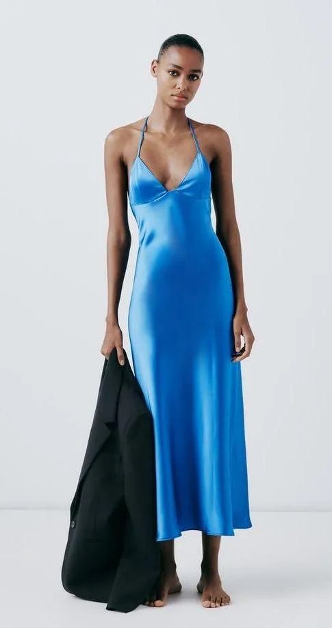 Zara maxi long satin slip blue strappy royal bodycon gown dress evening wedding - Image 16