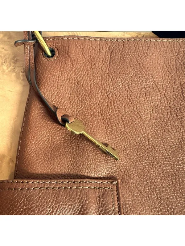 Fossil Brown Leather Crossbody Messenger Bag Key Charm Utility Pockets - Image 3