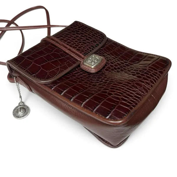 Brighton Oxblood Leather Vtg Croc Embossed Crossbody Bag Silver Buckle & Charm - Image 3