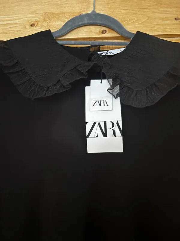 NWT Zara Black Knit Mini Dress Organza Sleeves ruffled Peter Pan collar Size‎ S - Image 3