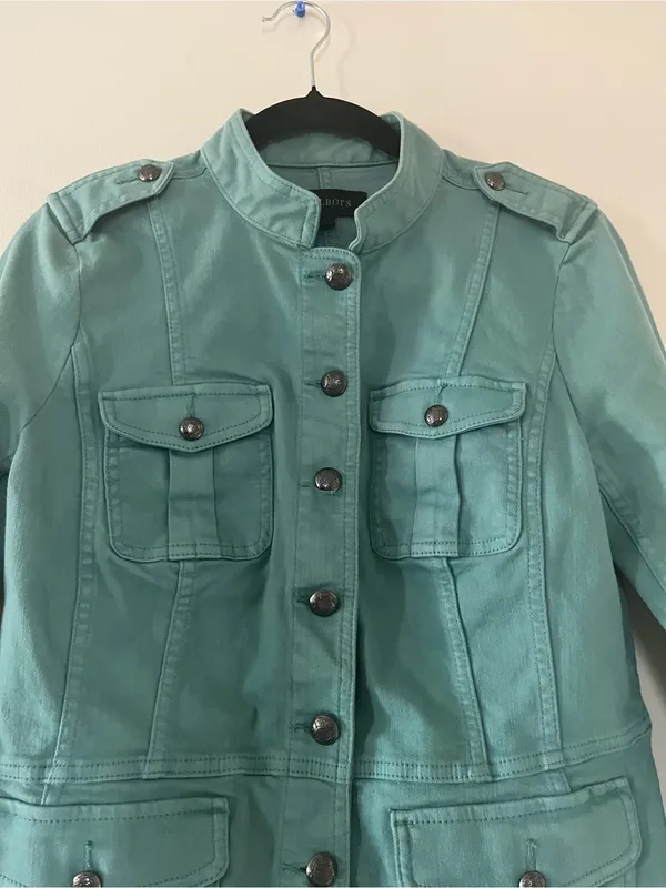 Talbots Peplum Utility Button Up Jacket Small Teal 100% Cotton Military Style - Image 3