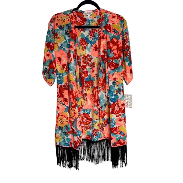 LuLaRoe Monroe Kimono Cardigan Floral Fringe‎ Coral Blue Yellow Pink Size S - Image 9