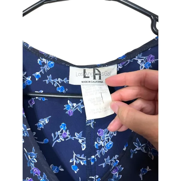 Vintage Los Angeles‎ Gal Navy Floral Print V neck Sleeveless Knee Length Dress 6 - Image 5