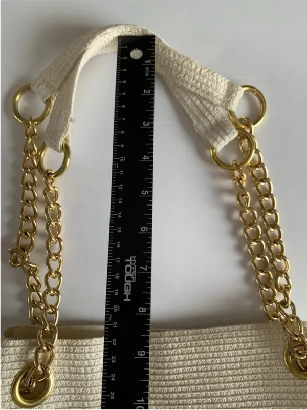 Straw Beach Tote Bag Woven Raffia White Tan Gold Chain Coastal Resort Purse - Image 10