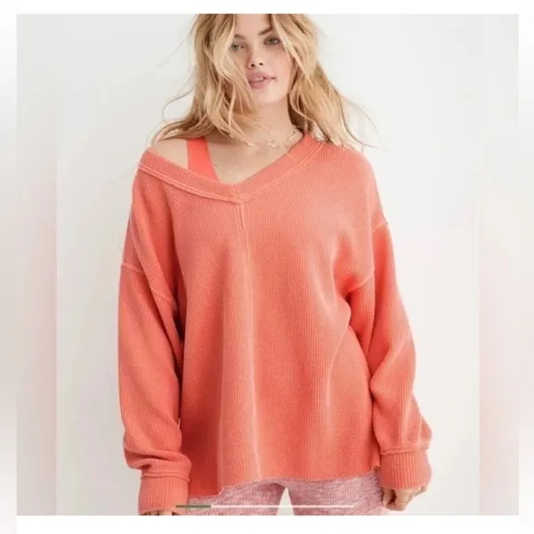 Aerie Cozy V-Neck Ribbed Sweater Women's Size S Orange‎ Loungewear - Image 7