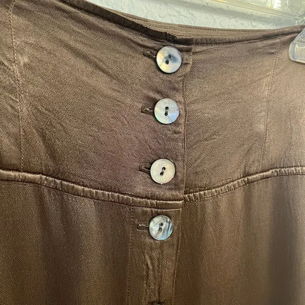 Raquel Allegra Satin Maxi Skirt L Button Front Boho Indie Minimalist Moss Brown - Image 3