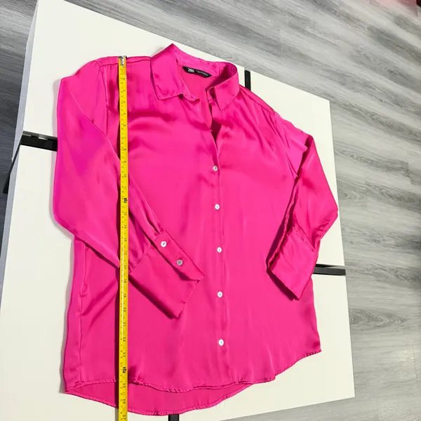 Zara Hot Pink Satin Button-Down Blouse Wide Cuffs Size Medium🎀 - Image 13