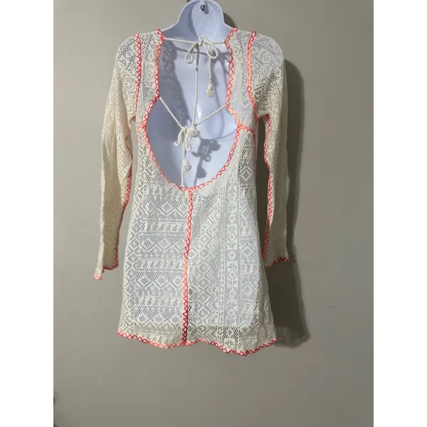 Out‎ From Under Crochet Cover Up Tunic Dress Ivory Orange Trim Backless - Image 4