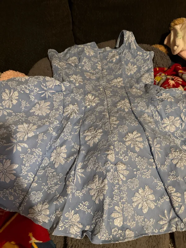 Light blue ladies dress with an all-over white floral print. Fit-and-flare silhouette with wide shoulder straps for comfortable wear. Soft woven fabric offers gentle structure and twirl-ready skirt. Perfect for parties and special occasions. - Image 4