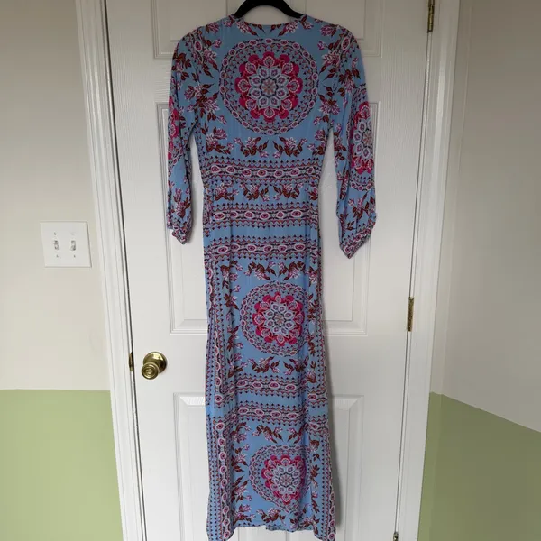Entro Long Sleeve Blue Pink Floral Bohemian Button Down Maxi Dress Size Small - Image 9