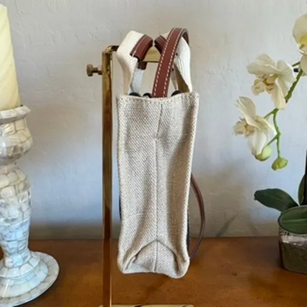 Chloé Mini Woody Tote White Brown Linen Canvas - Image 4