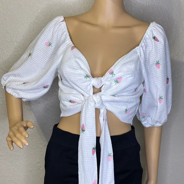 Strawberry Printed 5/8 Sleeve Waist Tie Crop Top White Pink Large - Image 3