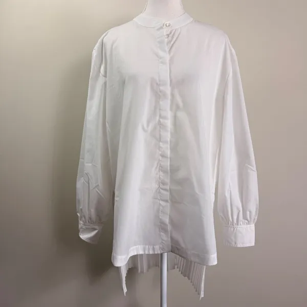 AllSaints Percy Pleated Tail Relaxed Fit Shirt White Band Collar Women US 8 - Image 3