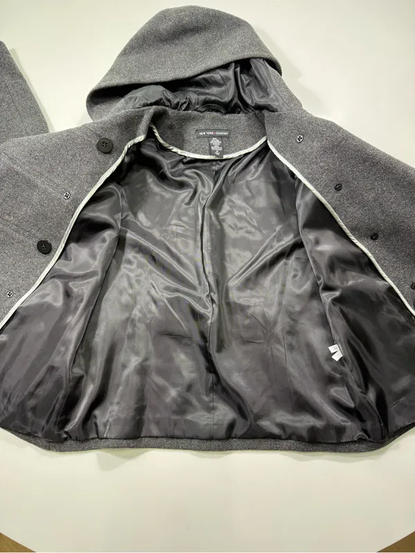 New York & Company Wool Blend Dark Gray Hooded Double-Breasted Pea Coat - Image 6