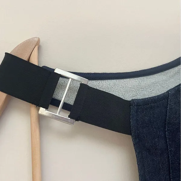 ASOS Denim Jean Jumper Dress Women’s Size US 10 Dark Blue Buckle Strap V Back - Image 5