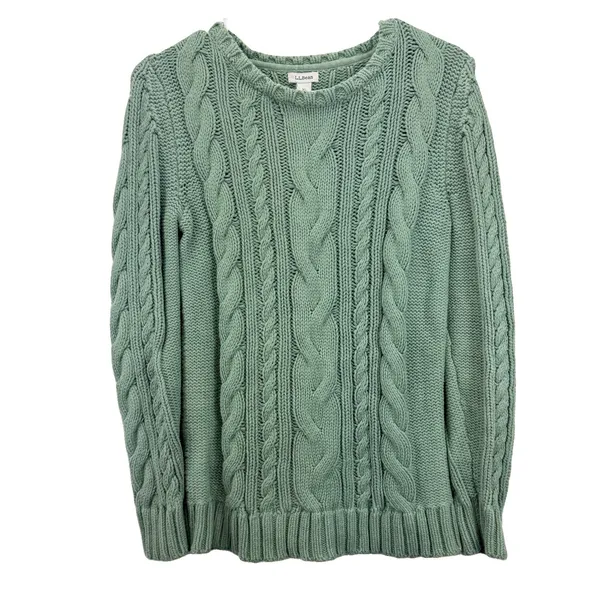 LL Bean Sage Green Double L Mixed Cable Crew Neck Pullover Cotton Sweater XS - Image 4